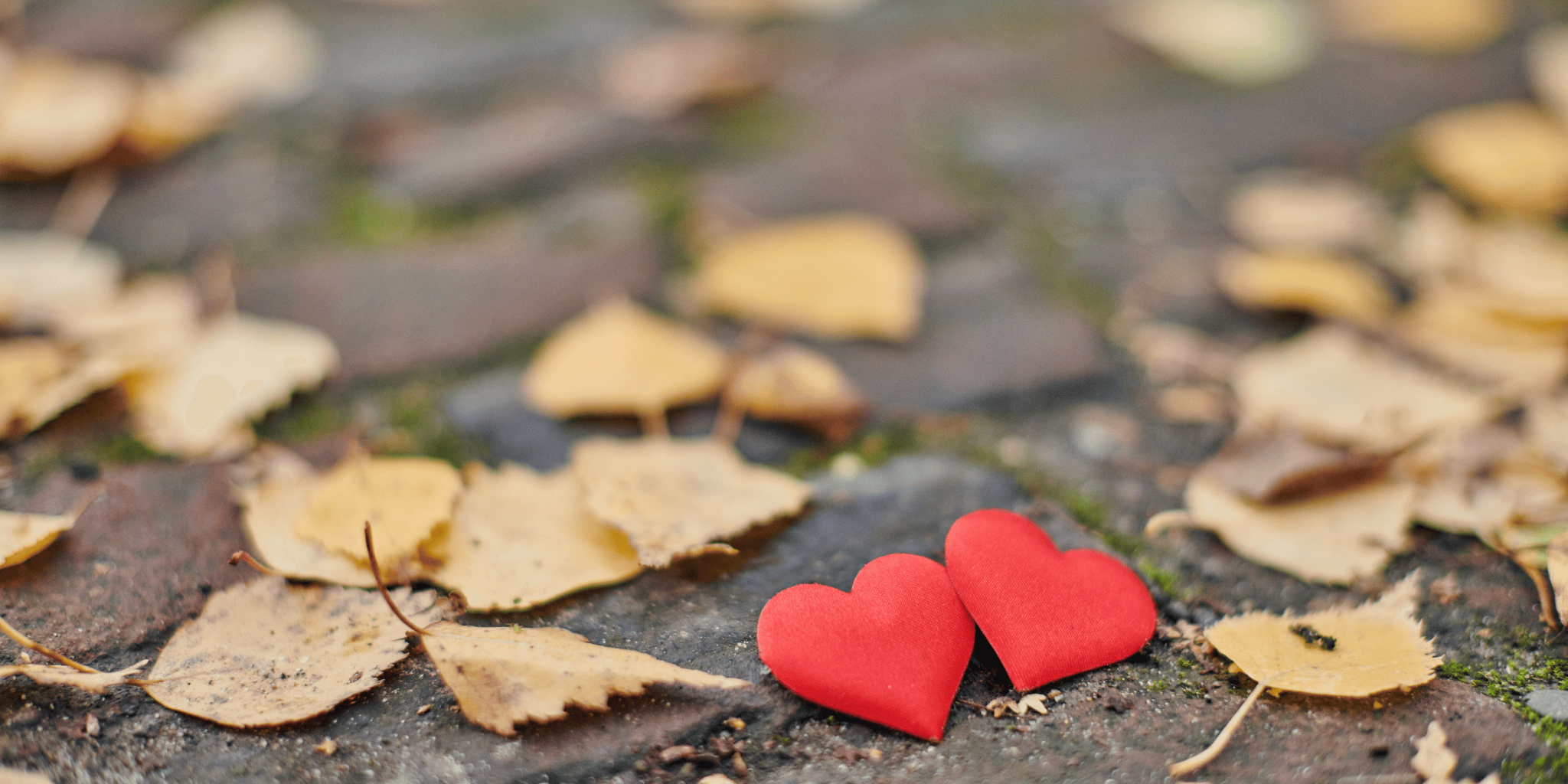 zwei rote kleine Papp-Herzen liegen auf Kopfsteinpflaster neben Herbstblättern