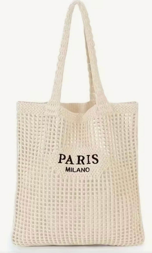 Gewebte beiger Shopper mit „PARIS MILANO“ Print – ideal für Strand, Stadt & Alltag