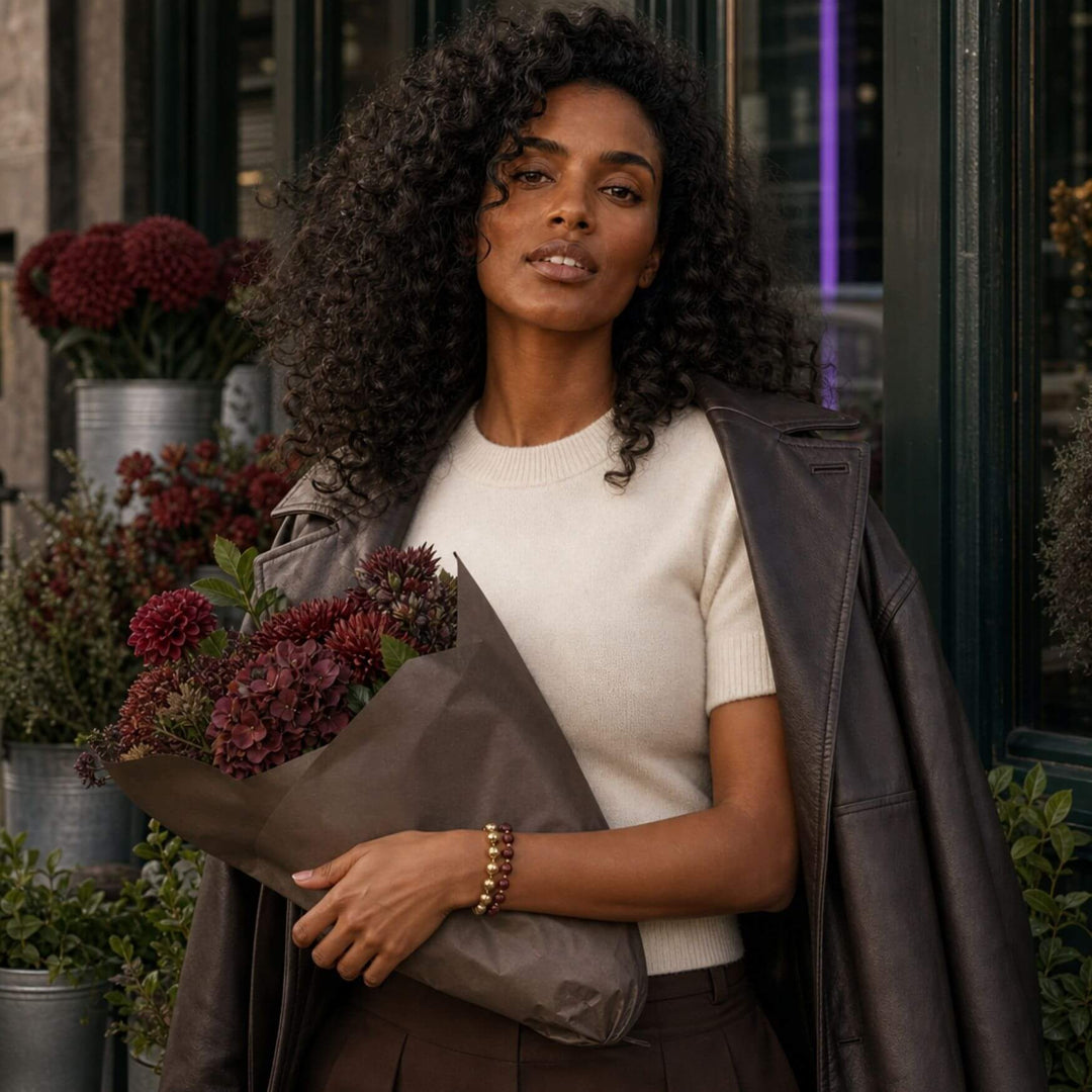 Frau trägt Blumen die farblich passend zu dem Mocha BOLD Beads Armband von TREND Kollektiv sind – AI-GENERATED