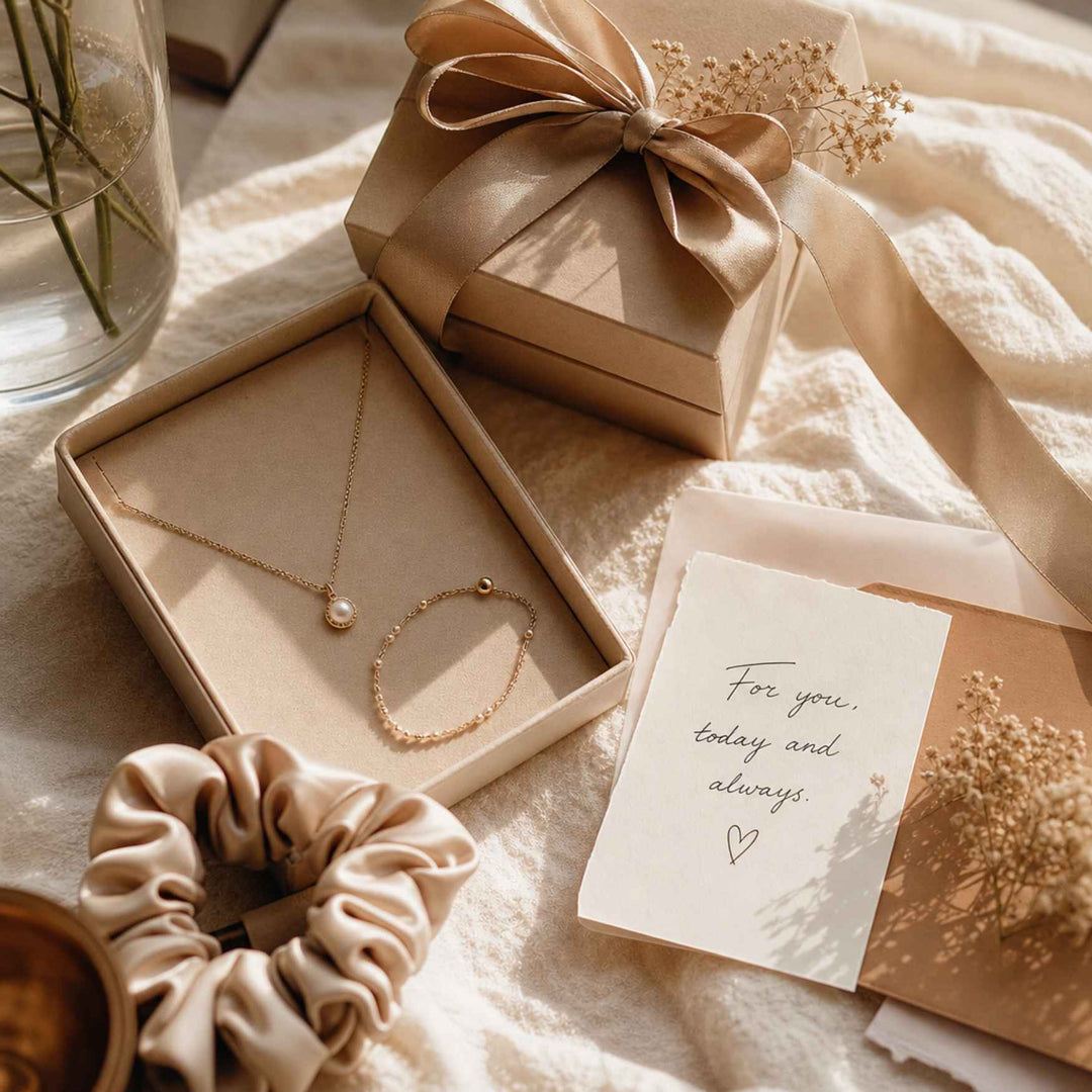 Kuratierter Geschenk-Moment mit Schmuck, Geschenkverpackung und handgeschriebener Karte in warmer Lichtstimmung – AI-GENERATED