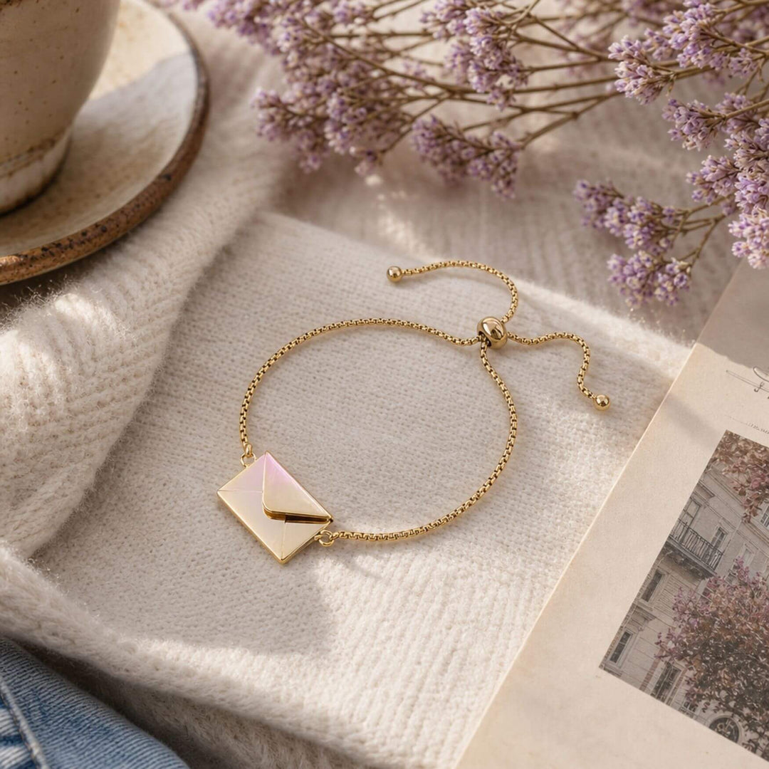 Goldenes LOVE LETTER Envelope Armband auf Briefpapier und weichem Stoff – AI-GENERATED