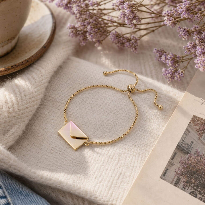 Goldenes LOVE LETTER Envelope Armband auf Briefpapier und weichem Stoff – AI-GENERATED