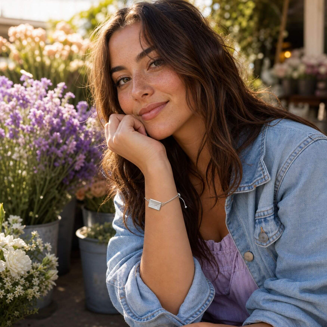 Frau trägt das silberne LOVE LETTER Envelope Armband am Handgelenk – AI-GENERATED