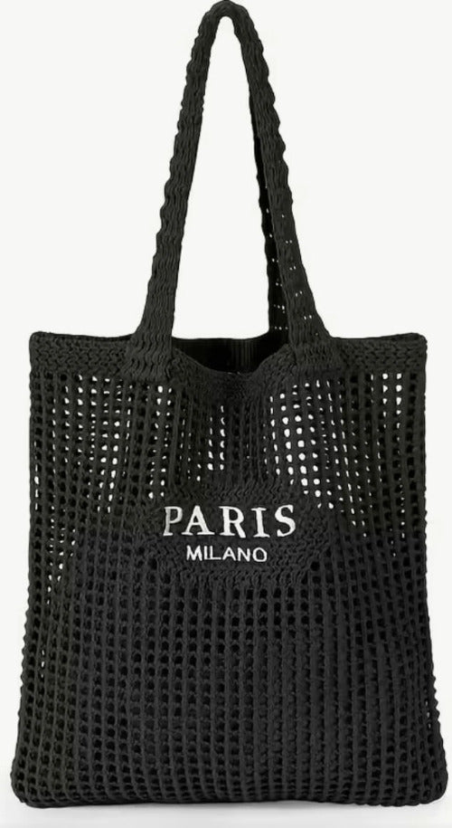 Gewebte schwarze Strandtasche mit PARIS MILANO Aufschrift, luftig und stilvoll