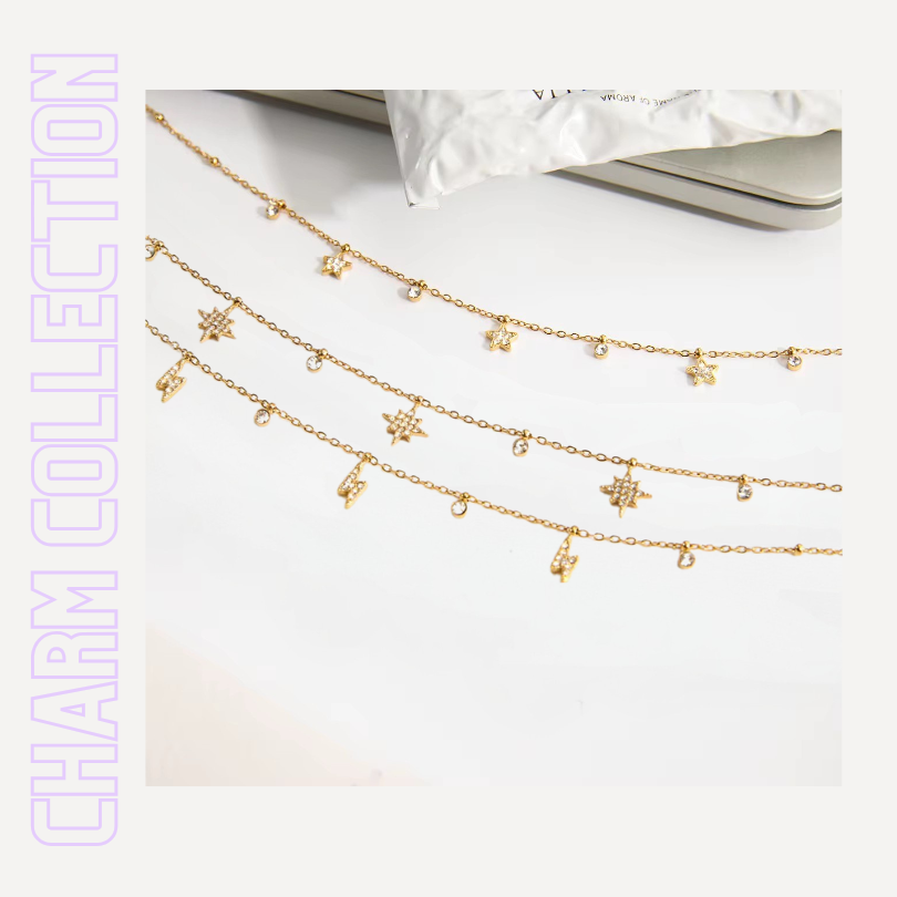 alle drei Charm ketten - star - bold star - sparkle flash - untereinander gelegt - Charm Collektion von TREND Kollektiv