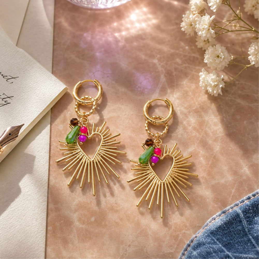 SUNRAY HEART Hoops in Gold auf roséfarbenem Stoff mit farbigen Schmuckdetails – AI-GENERATED