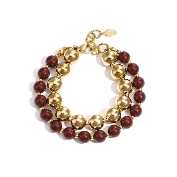 BOLD BEADS Double Armband in Dunkelbraun mit goldfarbenen Edelstahlkugeln – TREND Kollektiv