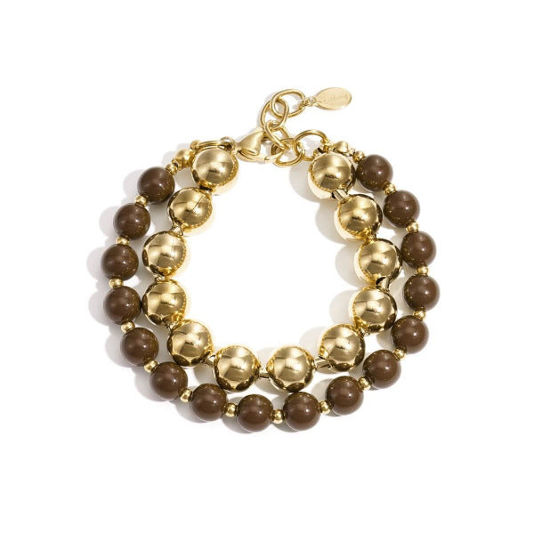 BOLD BEADS Double Armband in dunklem Khaki mit goldfarbenen Edelstahlkugeln – TREND Kollektiv