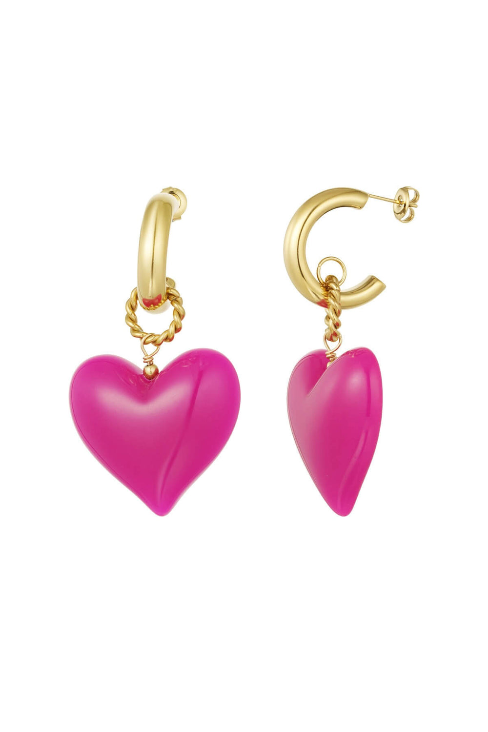 Goldene HEART GLOW Herz Hoops mit pinken Acryl-Herzanhängern von TREND Kollektiv