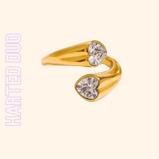 HEARTED Ring von TREND Kollektiv mit zwei herzförmigen Zirkonia, 18k vergoldeter Edelstahl, offen und verstellbar